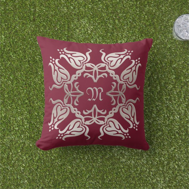 floral damask golden element.monogram. cushion (Grass)