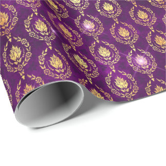 Floral Damask Halloween Spell Gold Purple Pattern Wrapping Paper