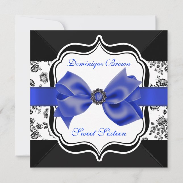 Floral Damask Invite with Blue Bow (Front)
