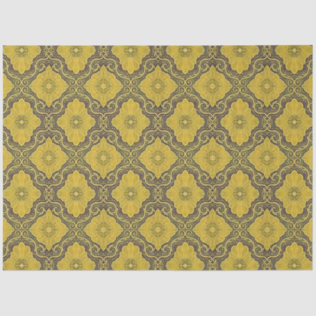 Floral Damask Pattern Yellow Flowers Husk Brown Tissue Paper (Front)