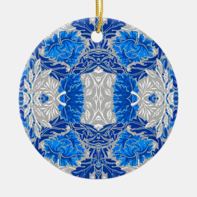 Floral Damask, Sapphire Blue and Grey  Ceramic Tree Decoration (Front)