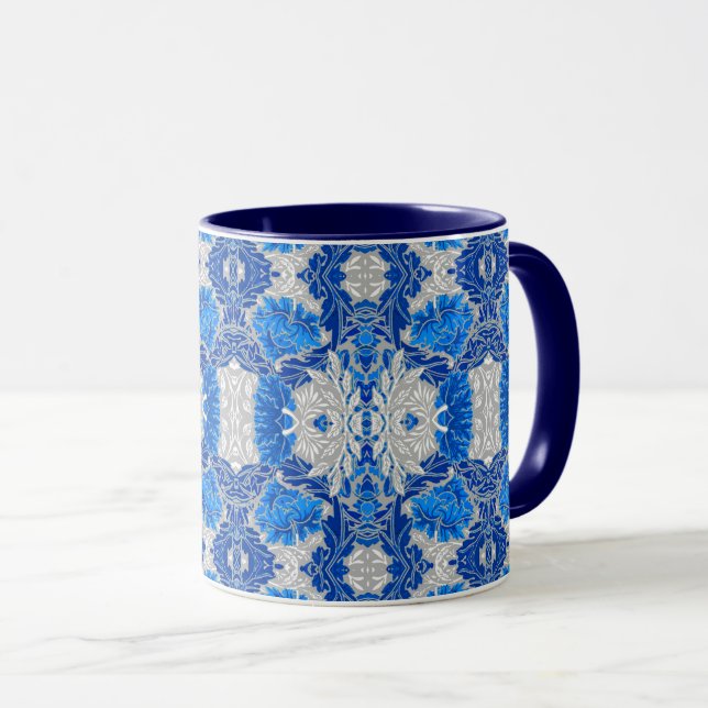 Floral Damask, Sapphire Blue and Grey  Mug (Front Right)