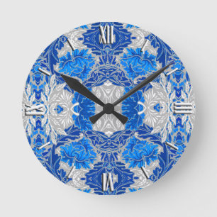 Floral Damask, Sapphire Blue and Grey  Round Clock