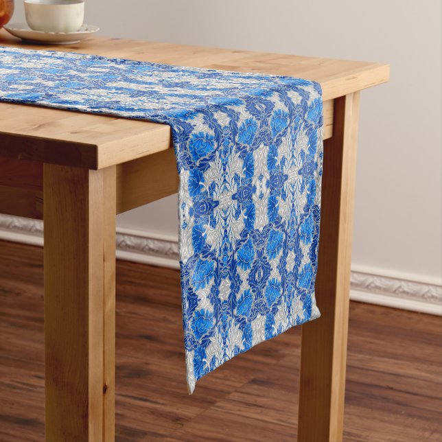 Floral Damask, Sapphire Blue and Grey  Short Table Runner (In Situ)