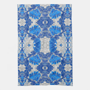 Floral Damask, Sapphire Blue and Grey  Tea Towel