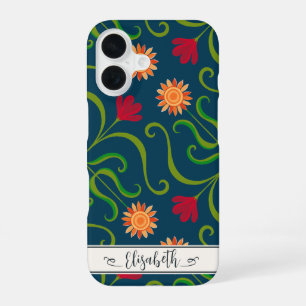 Floral Damask Sunflower Boho Navy Blue Folk Art iPhone 16 Case
