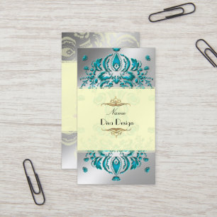 Floral Damask Teal/Faux Silver Business Card