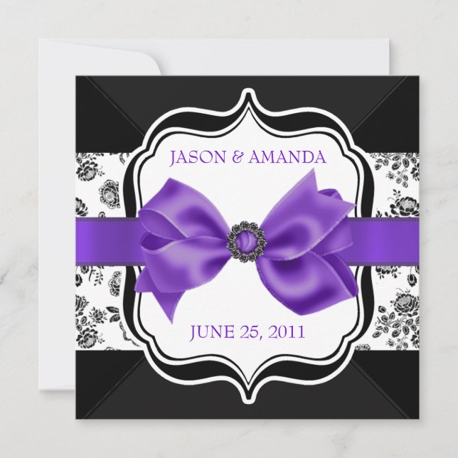 Floral Damask Wedding Invite with Bow (Front)