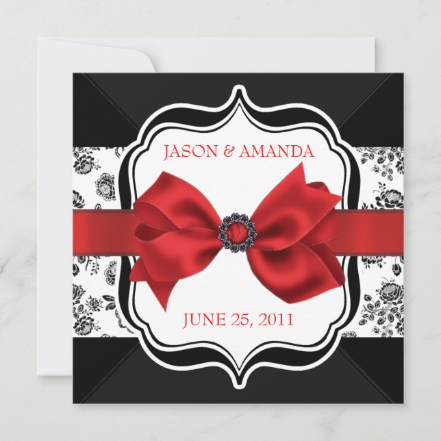 Floral Damask Wedding Invite with Bow (Front)