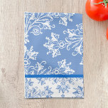 Floral Damask White Cornflower Blue with Border Tea Towel<br><div class="desc">A kitchen towel with an elegant damask pattern of vintage daisies and leaves with scrolls in white on cornflower blue,  with a border in blue on white.</div>