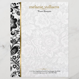 Floral DamasksIn Black & White With Gold Accents Custom Letterhead