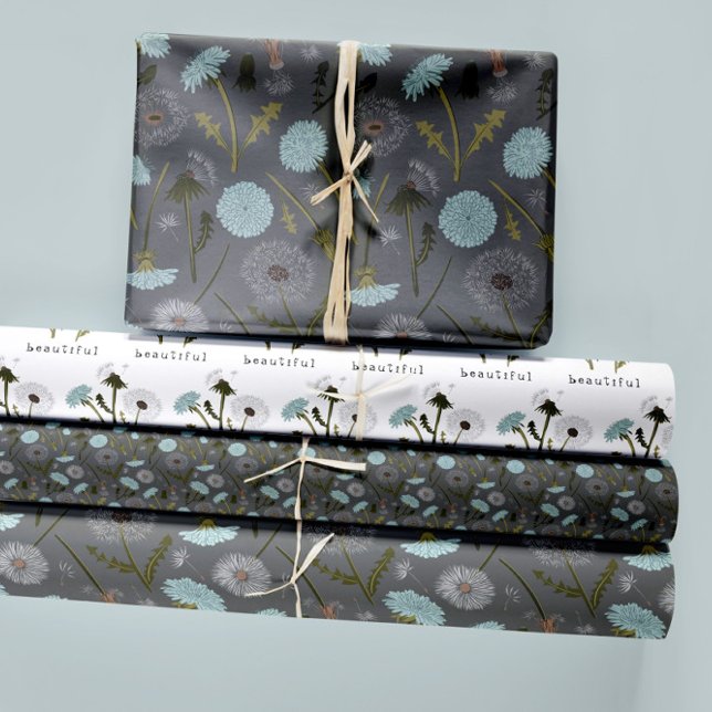 Floral Dandelions Blue Decoupage Gift Wrapping Paper Sheet (Dandelions Blue Gray Floral Botanical Patterns Wrapping Paper Sheets from Studio Posies.)