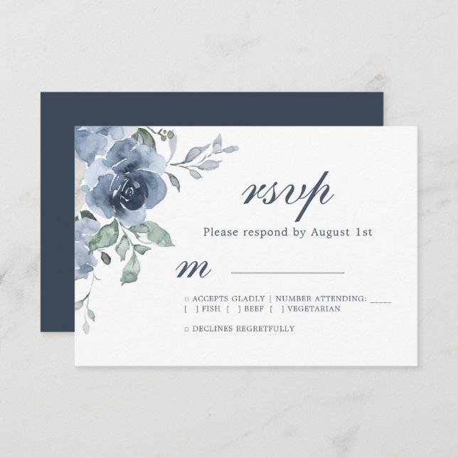 Floral Dark Blue Ivory Rose Wedding RSVP  (Front/Back)