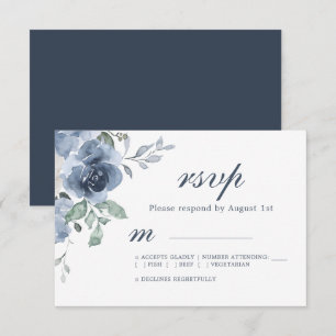 Floral Dark Blue Ivory Rose Wedding RSVP Card