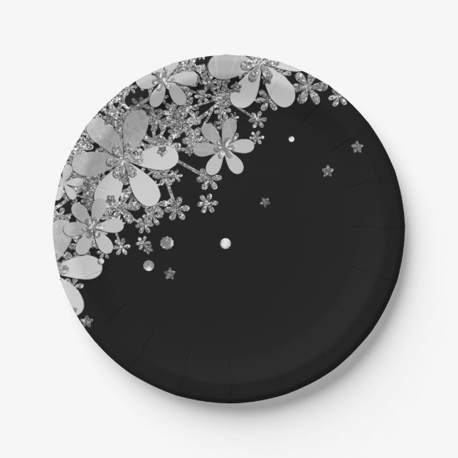 Floral dark flowers glitter silver elegant black g paper plate (Front)