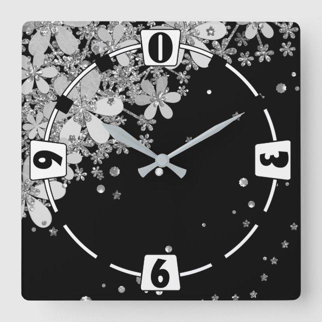 Floral dark flowers glitter silver elegant black g square wall clock (Front)