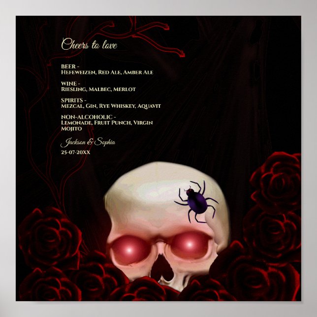 Floral dark moody gothic skull drinks menu sign (Front)