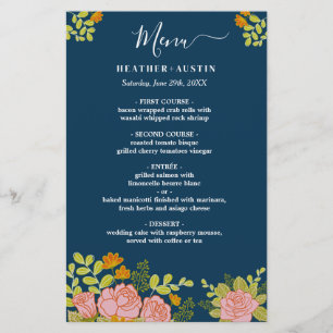 Floral Dark Navy Blue Wedding Botanic Decor Menu