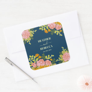 Floral Dark Navy Blue Wedding Botanic Gift Square Sticker