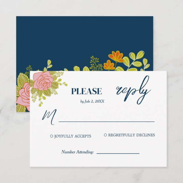 Floral Dark Navy Blue Wedding Botanic RSVP Card (Front/Back)