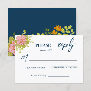 Floral Dark Navy Blue Wedding Botanic RSVP Card