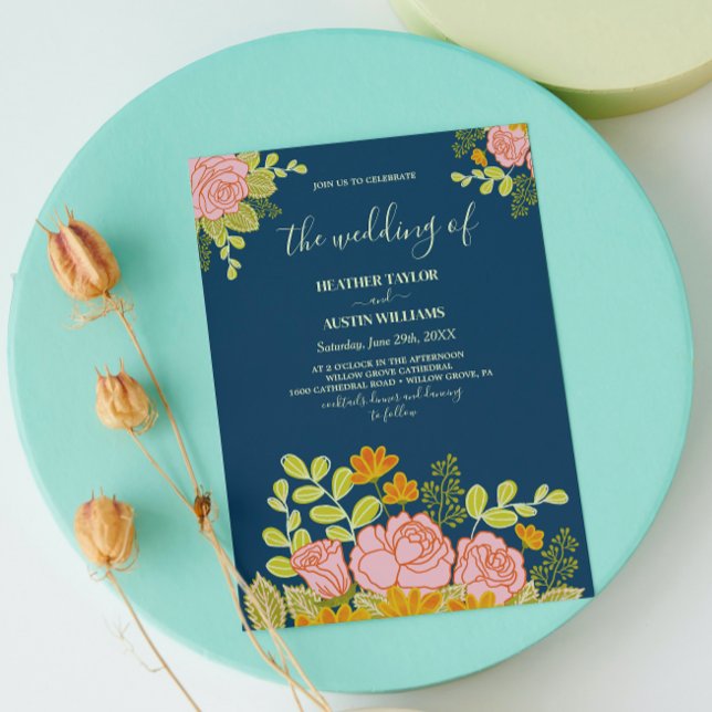 Floral Dark Navy Blue Wedding invitation Botanical (Creator Uploaded)