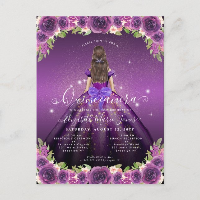 Floral Dark Purple Gold Glam Princess Quinceanera Postcard (Front)
