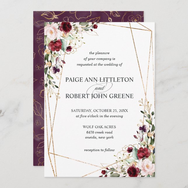 Floral Dark Red, Purple, and Blush Wedding Invitation (Front/Back)