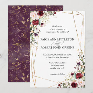 Floral Dark Red, Purple, and Blush Wedding Invitation