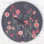Floral Dark Round Clock<br><div class="desc">Modern Bohemian botancial art.
Pretty boho loose pink floral painting on a dark grey background.
Original art by Nic Squirrell.</div>