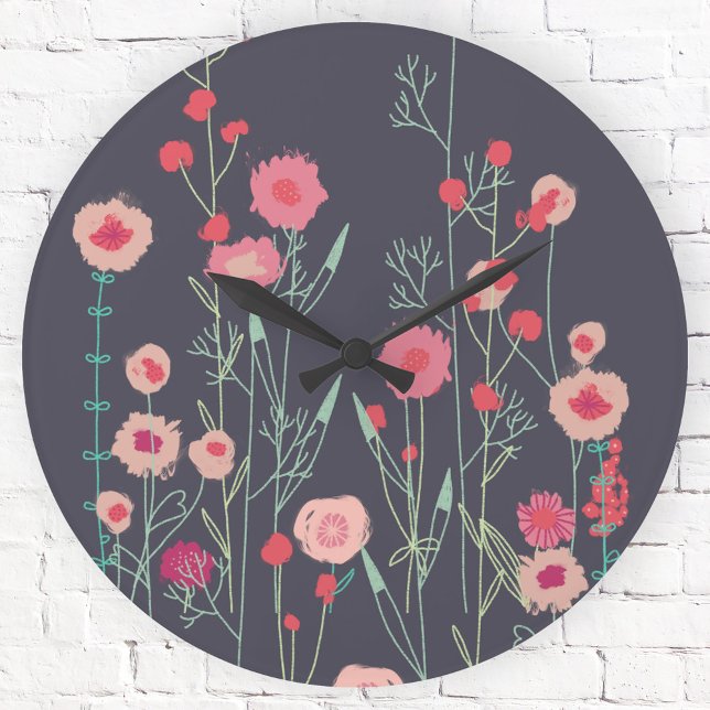Floral Dark Round Clock (Floral dark pink and charcoal gray art clock)