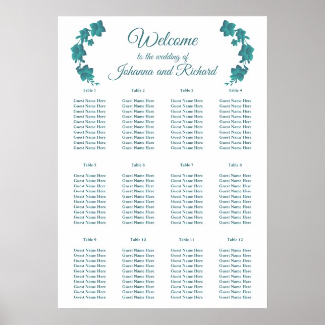 Floral dark turquoise Seating Charts (Front)