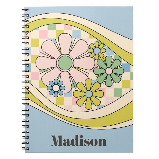 Floral Daydream Retro Flower Checked 60s Pastel Notebook (Front)