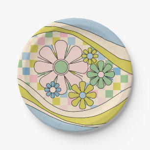 Floral Daydream Retro Flower Checked 60s Pastel  Paper Plate