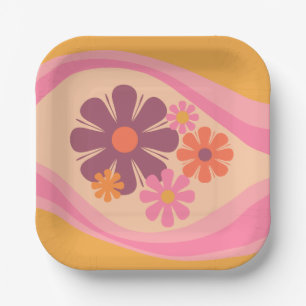 Floral Daydream Retro Flower Pattern Pink Orange Paper Plate