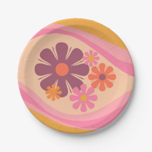 Floral Daydream Retro Flower Pattern Pink Orange Paper Plate