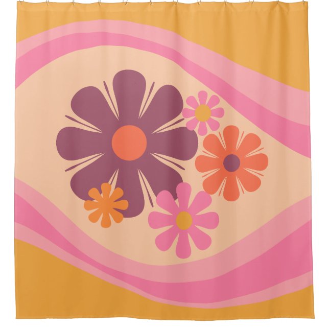 Floral Daydream Retro Flower Pattern Pink Orange Shower Curtain (Front)