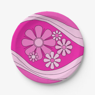 Floral Daydream Retro Hot Pink 60s Flowers Paper Plate