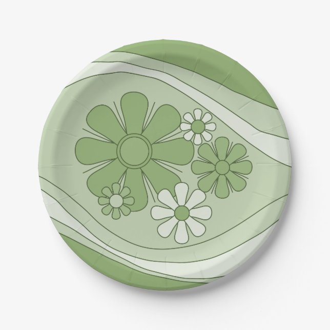 Floral Daydream Sage Green Retro 60s 70s Flowers Paper Plate (Front)