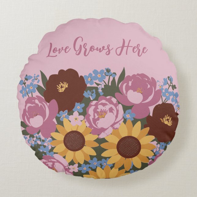 Floral Decor Love Grows Here - Peonies sunflowers Round Cushion (Front)