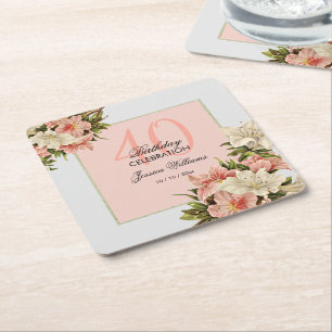 Floral Decorations Feminine Birthday Square Paper Coaster
