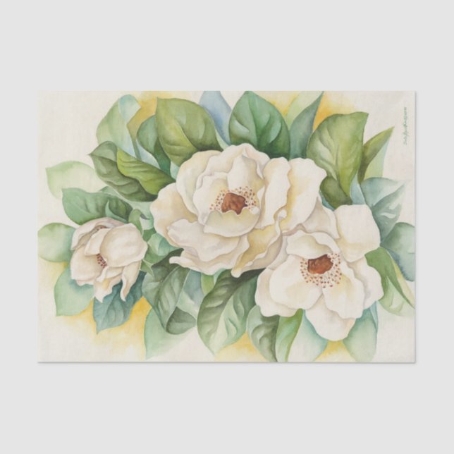 Floral Decoupage Magnolia White Watercolor Tissue Paper (Front)