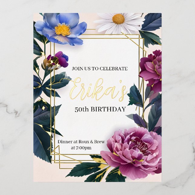 Floral Deep Colour Birthday Gold Foil Invite (Front)