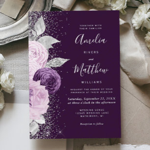 Floral Deep Purple Silver Glitter Wedding