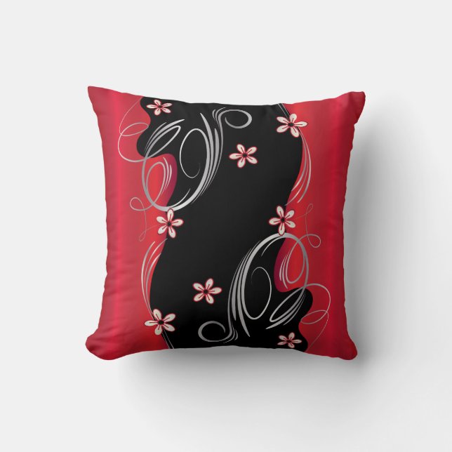 Floral Deep Red and Black Swirl Design Cushion (Front)