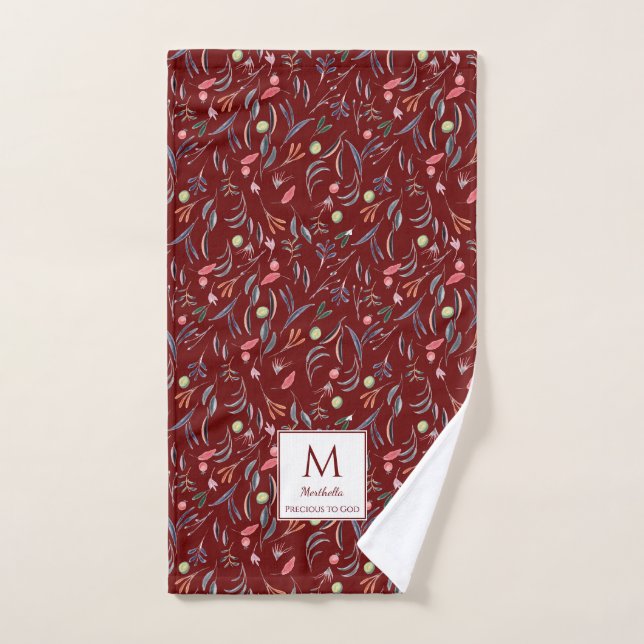 Floral DEEP RED Monogram PRECIOUS TO GOD Gym Hand Towel (Hand Towel)