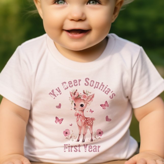 Floral Deer And Butterfly Girl First Birthday Baby T-Shirt (Creator Uploaded)
