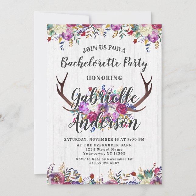 Floral Deer Antler Bachelorette Party Invitation (Front)