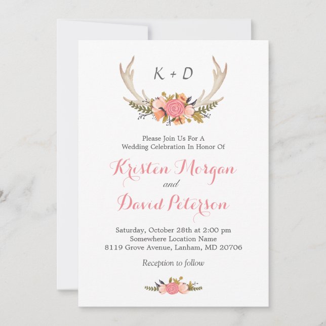 Floral Deer Antler Boho Chic Wedding Celebration Invitation (Front)