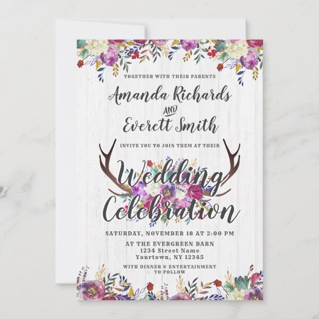 Floral Deer Antler Bouquet Wedding Invitation (Front)
